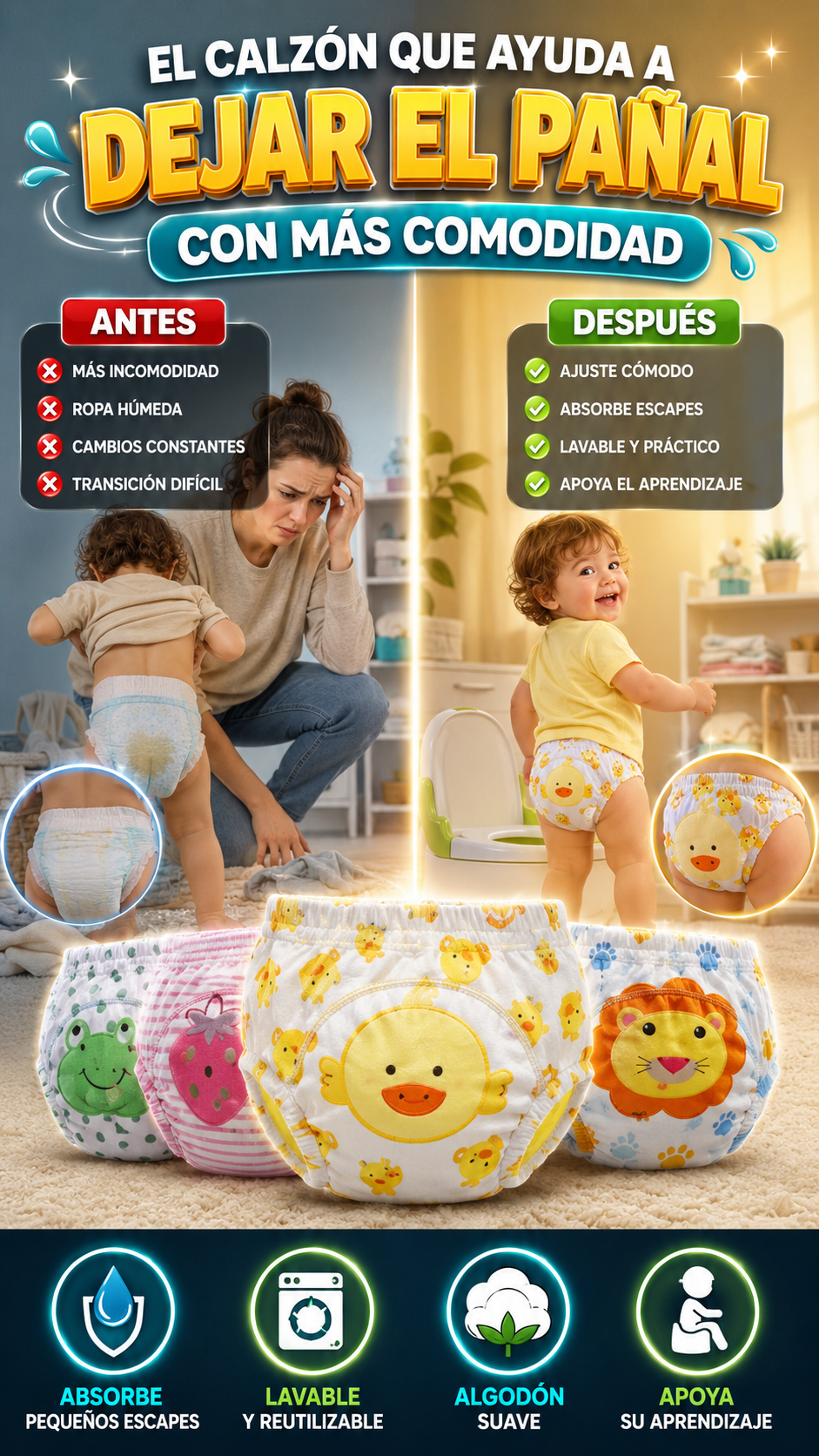 Calzones de Entrenamiento Reutilizables para Bebé — Ayudan a dejar el pañal