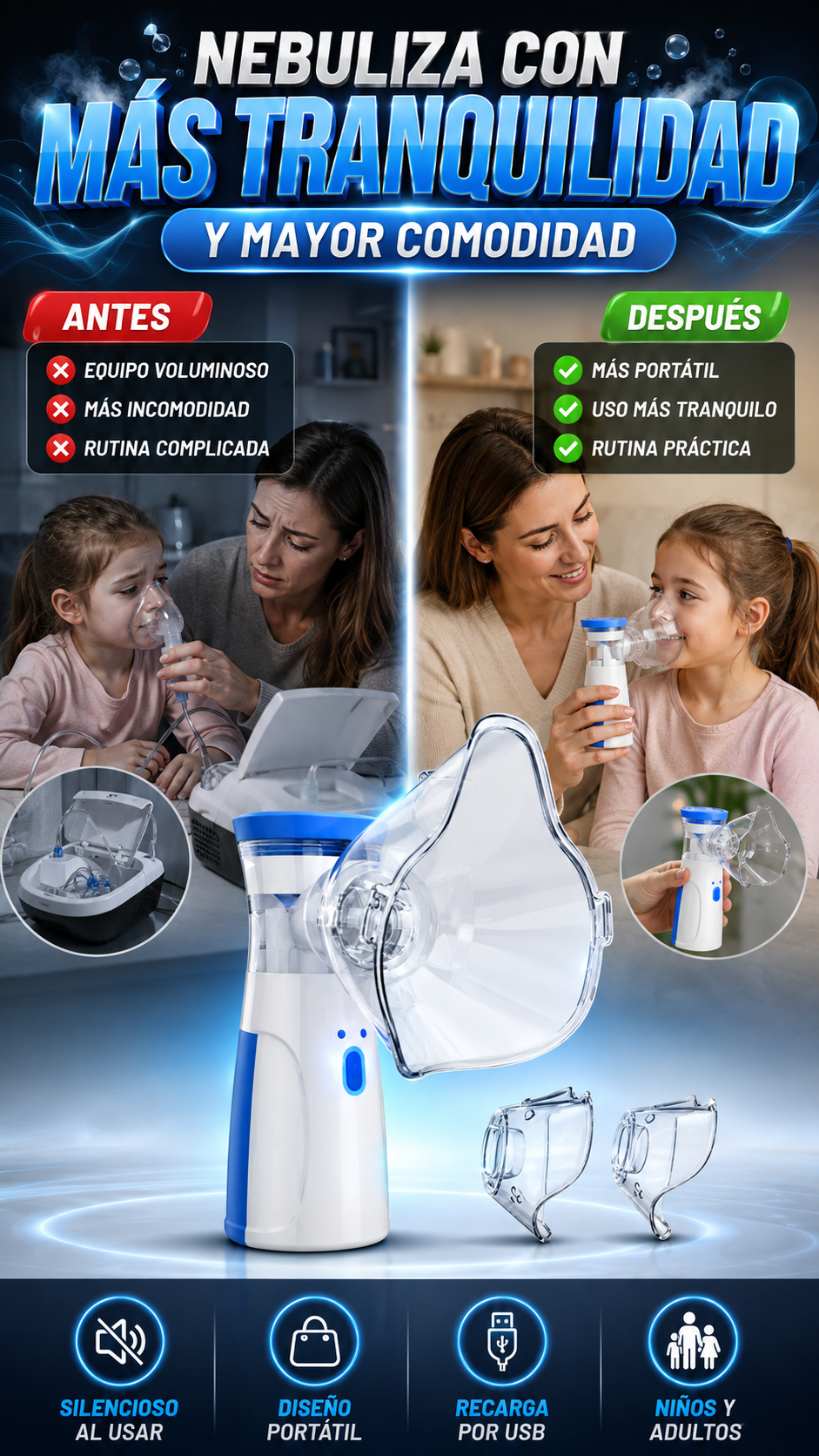 Nebulizador Portátil de Malla Recargable — Nebulización cómoda en cualquier lugar
