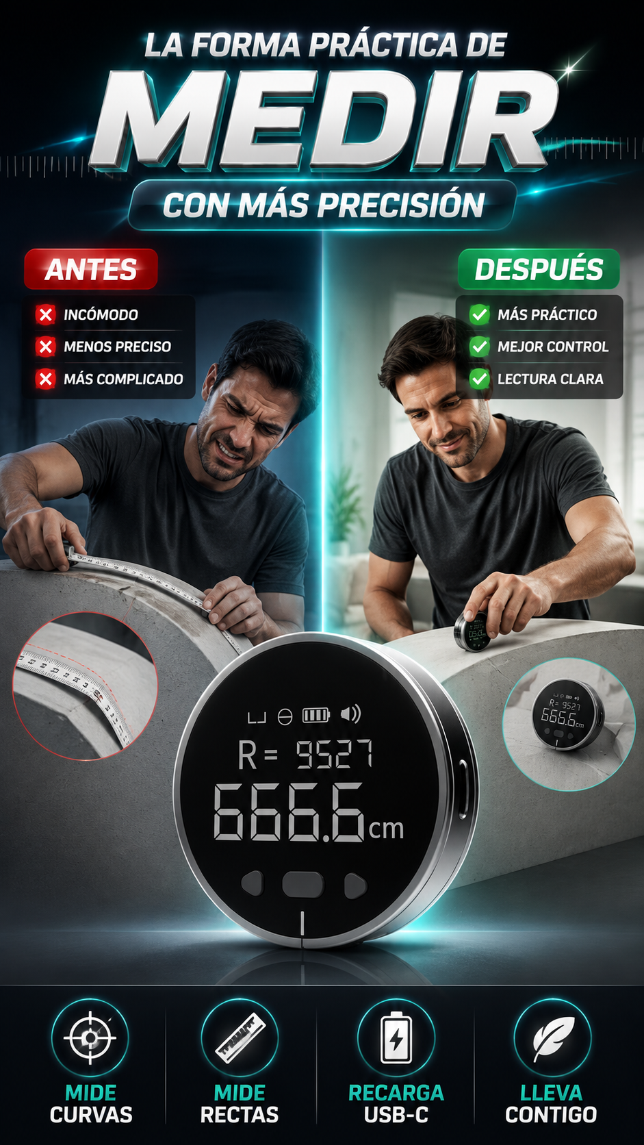 Regla electrónica digital recargable — Mide superficies con precisión fácilmente