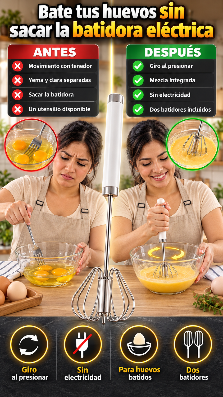 Pack de 2 batidores manuales — Presiona, activa el giro y prepara tus huevos sin electricidad