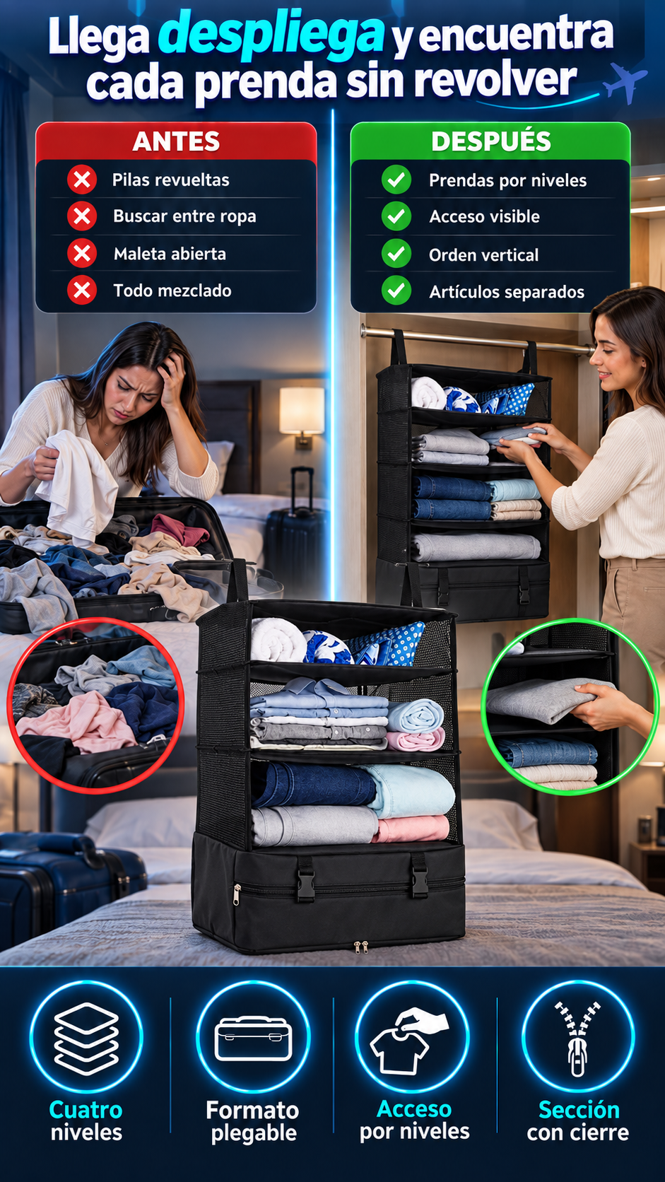 Organizador viajero plegable de 4 niveles con cierre — ordena tu maleta desde la salida hasta el destino