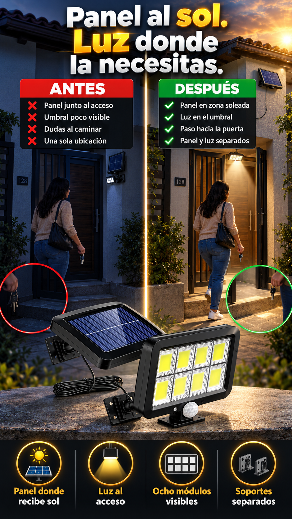 Lámpara solar exterior con panel independiente y soportes de montaje — Suma luz donde no quieres llevar cableado