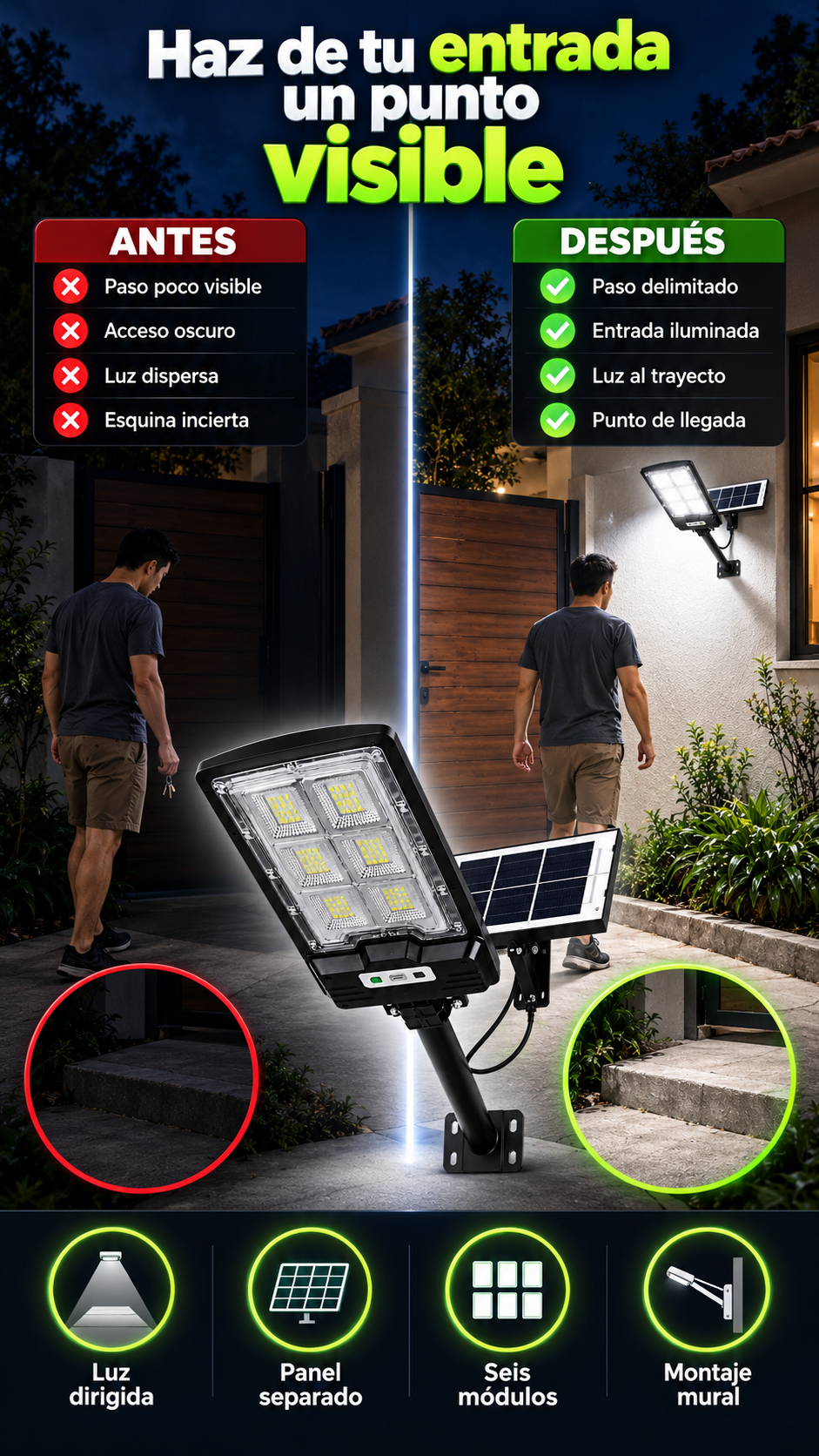 Reflector LED solar mural con panel externo cableado — Ilumina donde más lo necesitas
