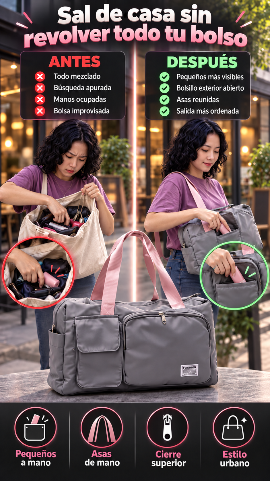Bolso de viaje fashion con asas de mano y bolsillos frontales — Lleva tus esenciales con una apariencia más cuidada