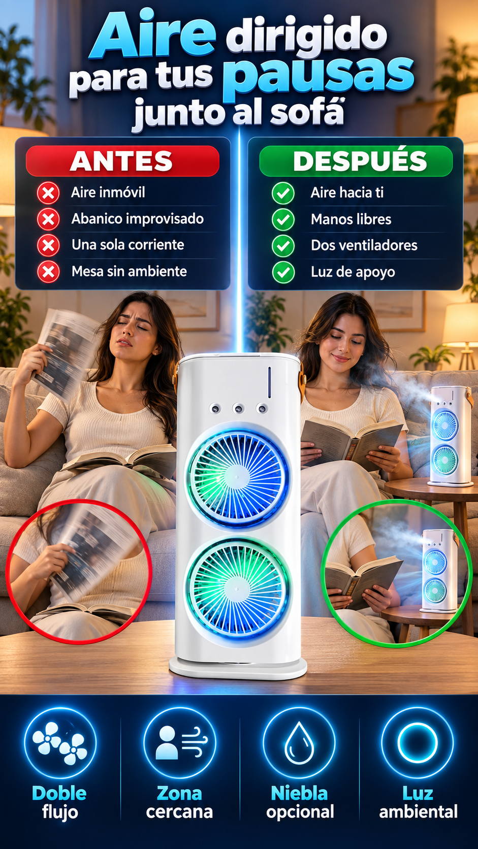 Ventilador recargable de doble cabezal con espray y luces LED — comodidad junto al sofá o la cama — Acompaña tus pausas con ventilación, niebla y luz ambiental