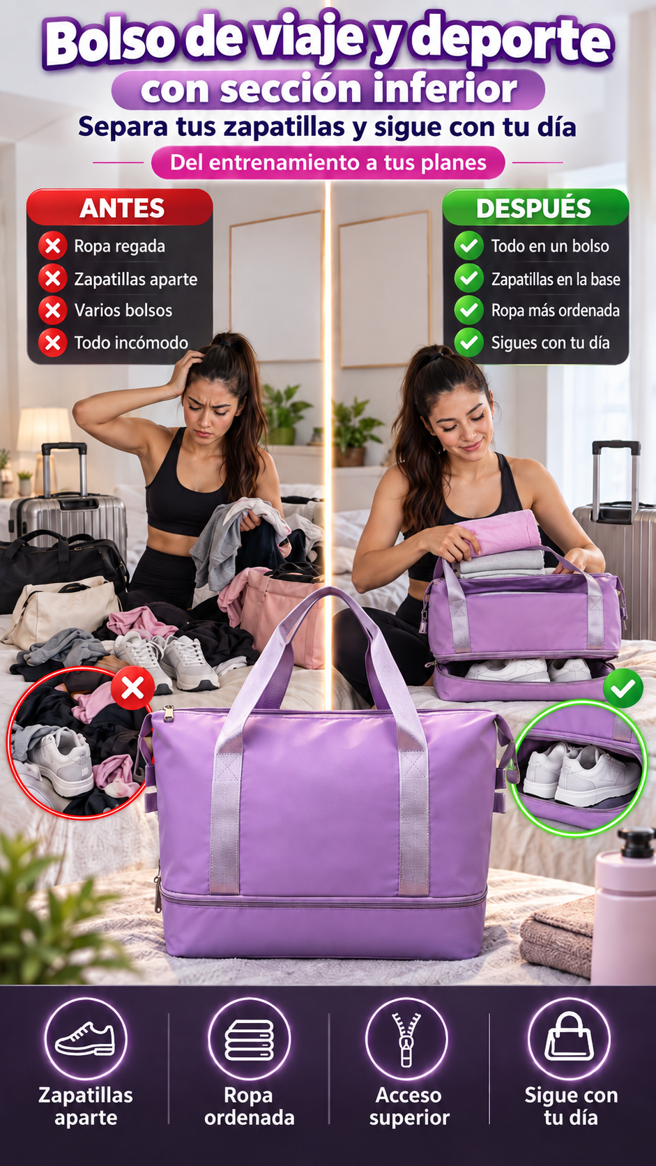 Bolso de viaje y deporte con sección inferior — Separa tus zapatillas y sigue con tu día del entrenamiento a tus planes