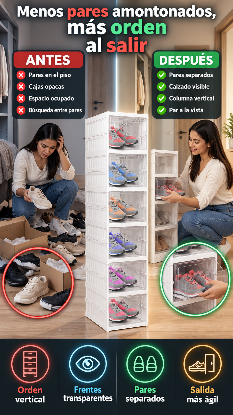Zapatero organizador de 6 compartimentos separados — despídete de los pares amontonados