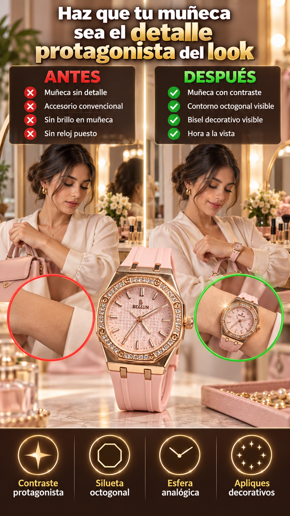 Reloj BOLUN octogonal rosa y dorado con apliques brillantes — el toque protagonista para elevar tus looks
