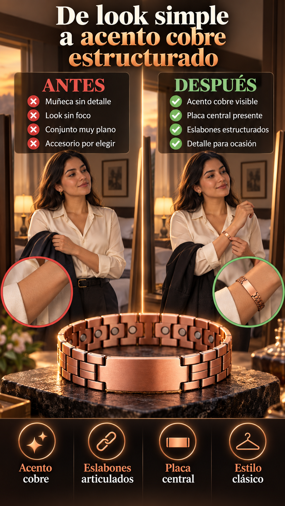 Pulsera magnética de cobre de eslabones — Un acento cálido y estructurado para elevar tu look diario
