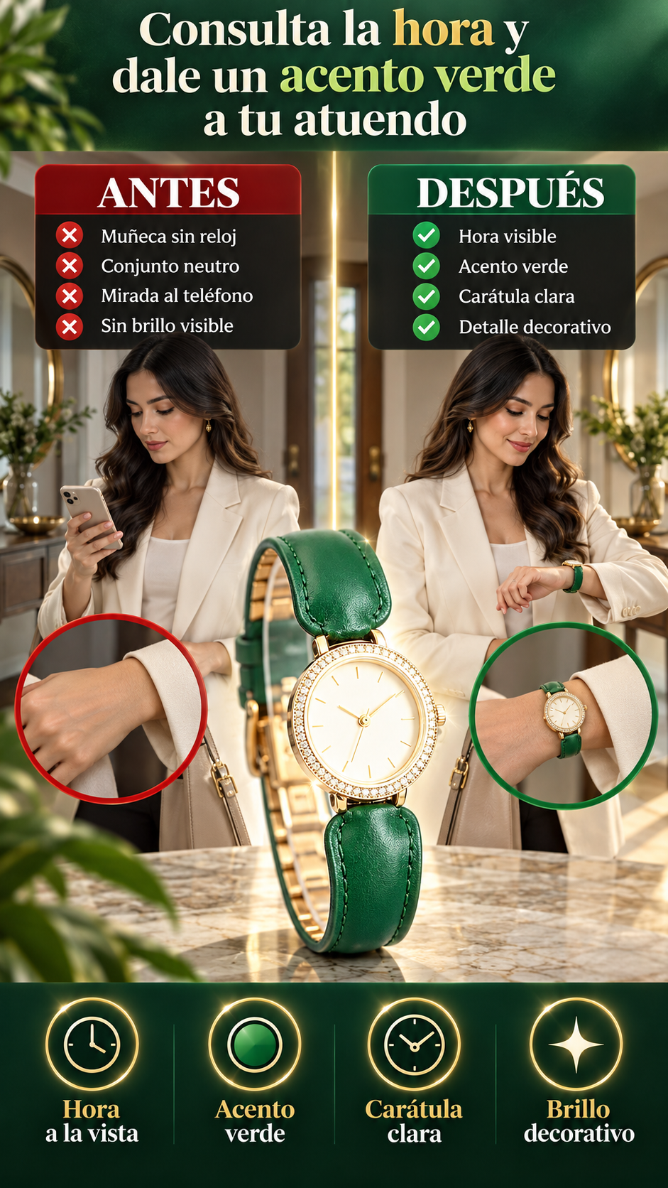 Para mujeres que buscan consultar la hora y complementar sus atuendos con un reloj analógico verde
