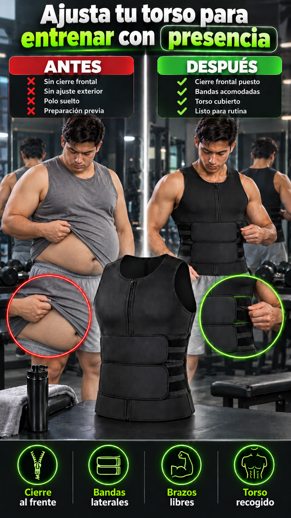Chaleco deportivo de ajuste para hombres activos — Cierre frontal y bandas laterales para regular el ajuste