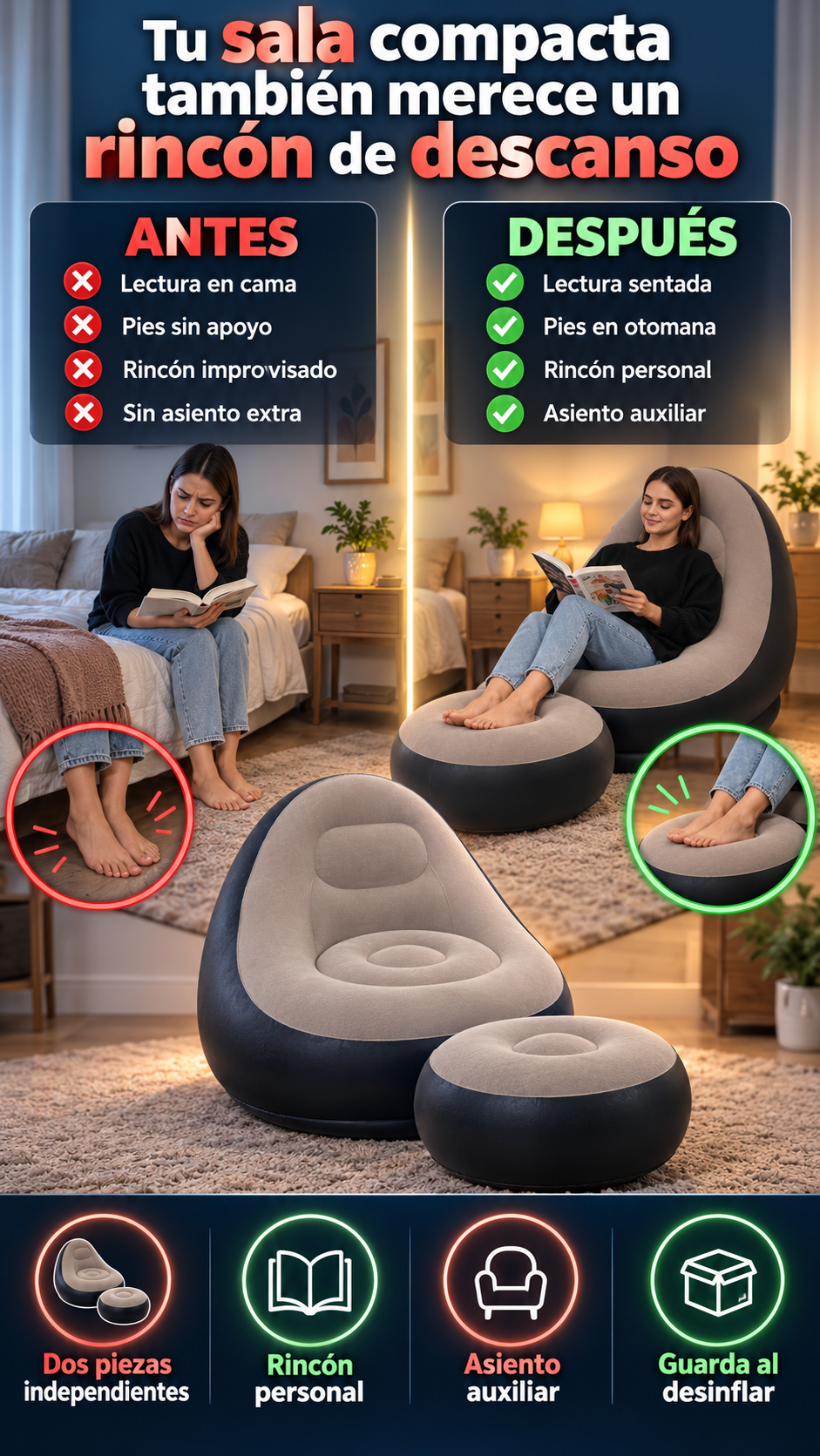 Sillón inflable con reposapiés para salas compactas — recibe visitas o disfruta tu tiempo de descanso