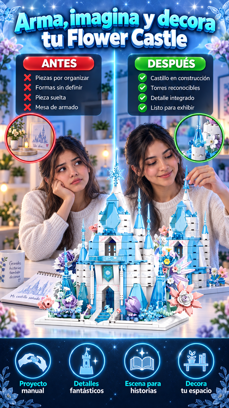 Bloques de construcción Flower Castle para amantes de la fantasía: arma, imagina y decora