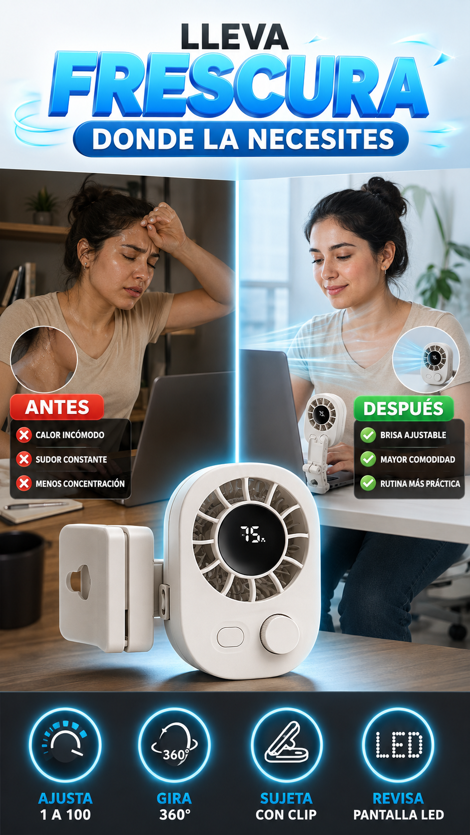 Mini Ventilador Portátil Recargable con Clip — Frescura ajustable donde la necesites