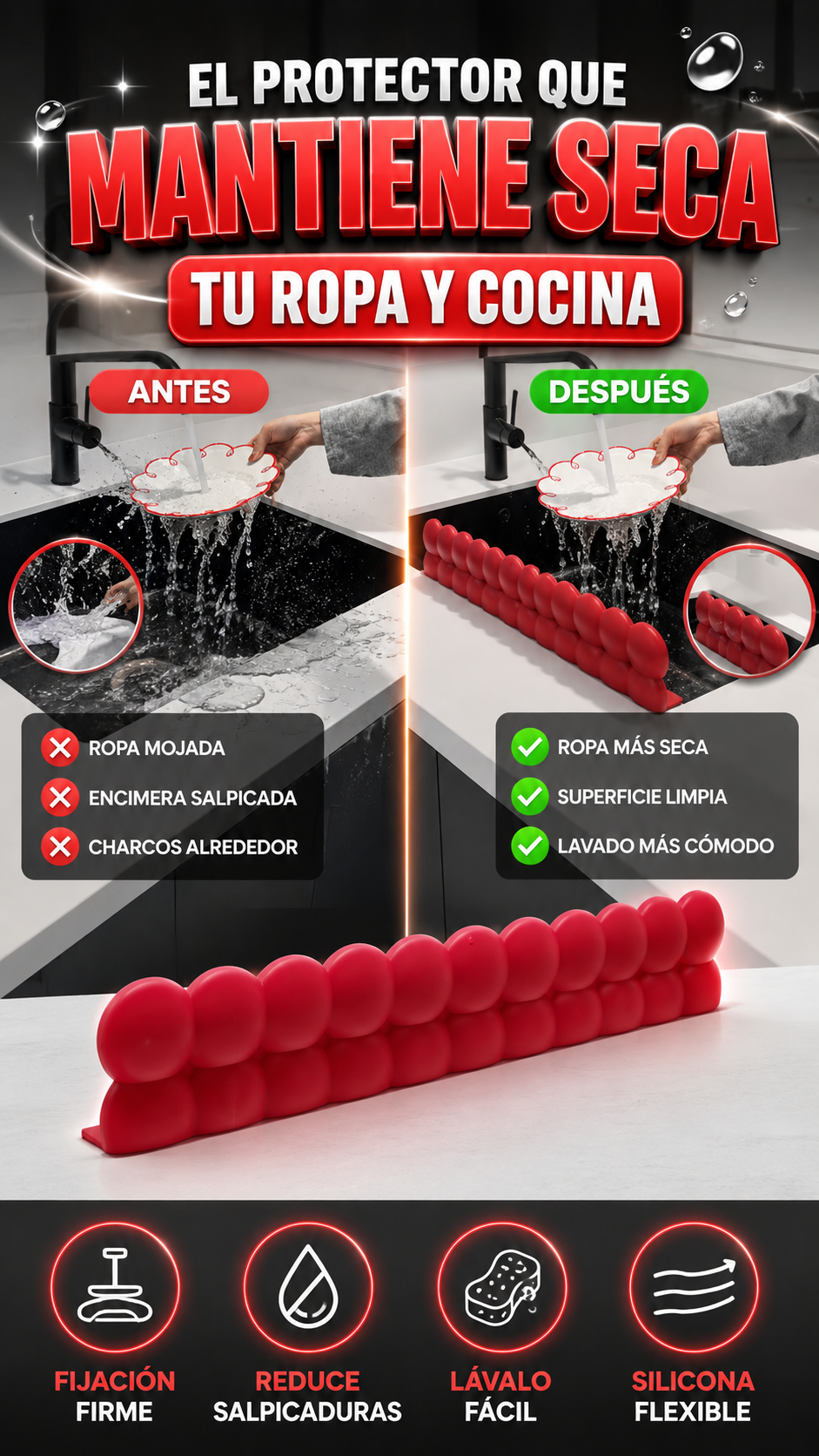 Protector de Salpicaduras de Silicona para Fregadero — Mantén seca tu ropa y cocina