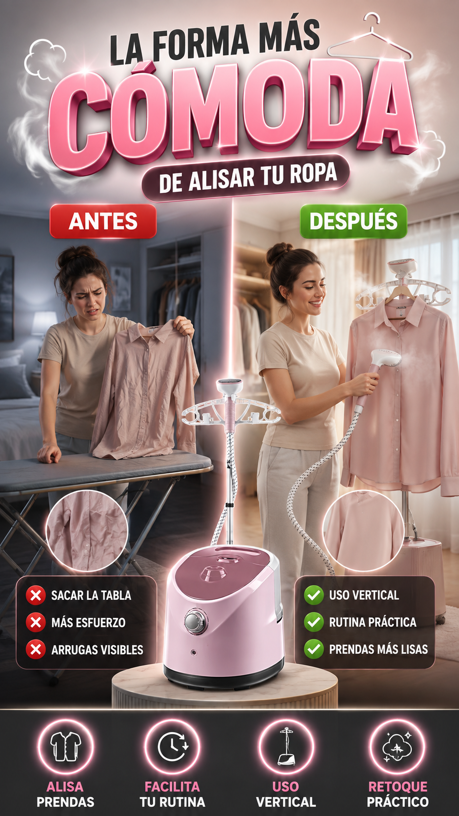 Vaporizador Vertical para Ropa — Alisa prendas con mayor comodidad