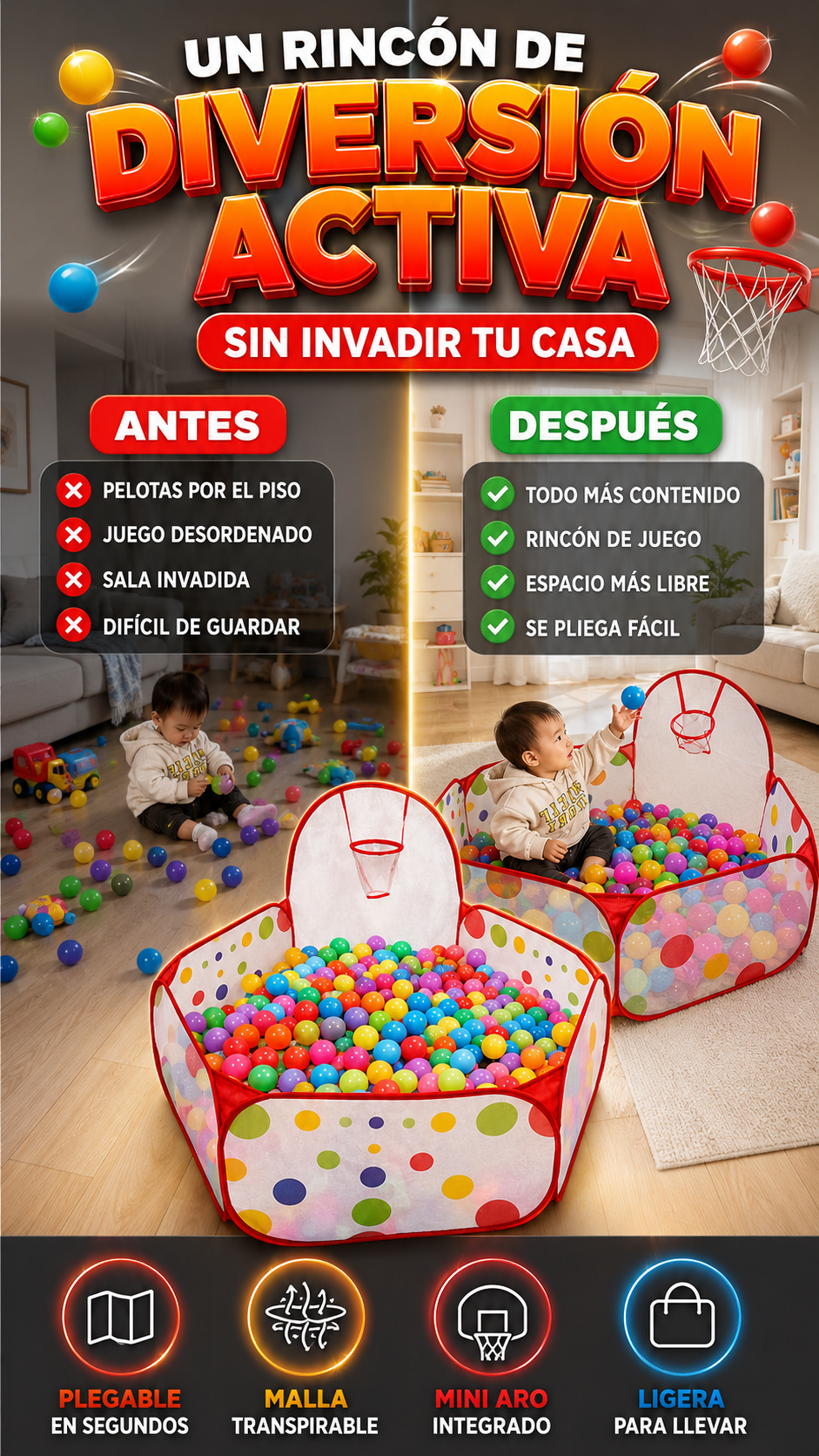 Piscina de Pelotas Infantil Plegable con Mini Aro de Baloncesto — Diversión activa sin ocupar espacio