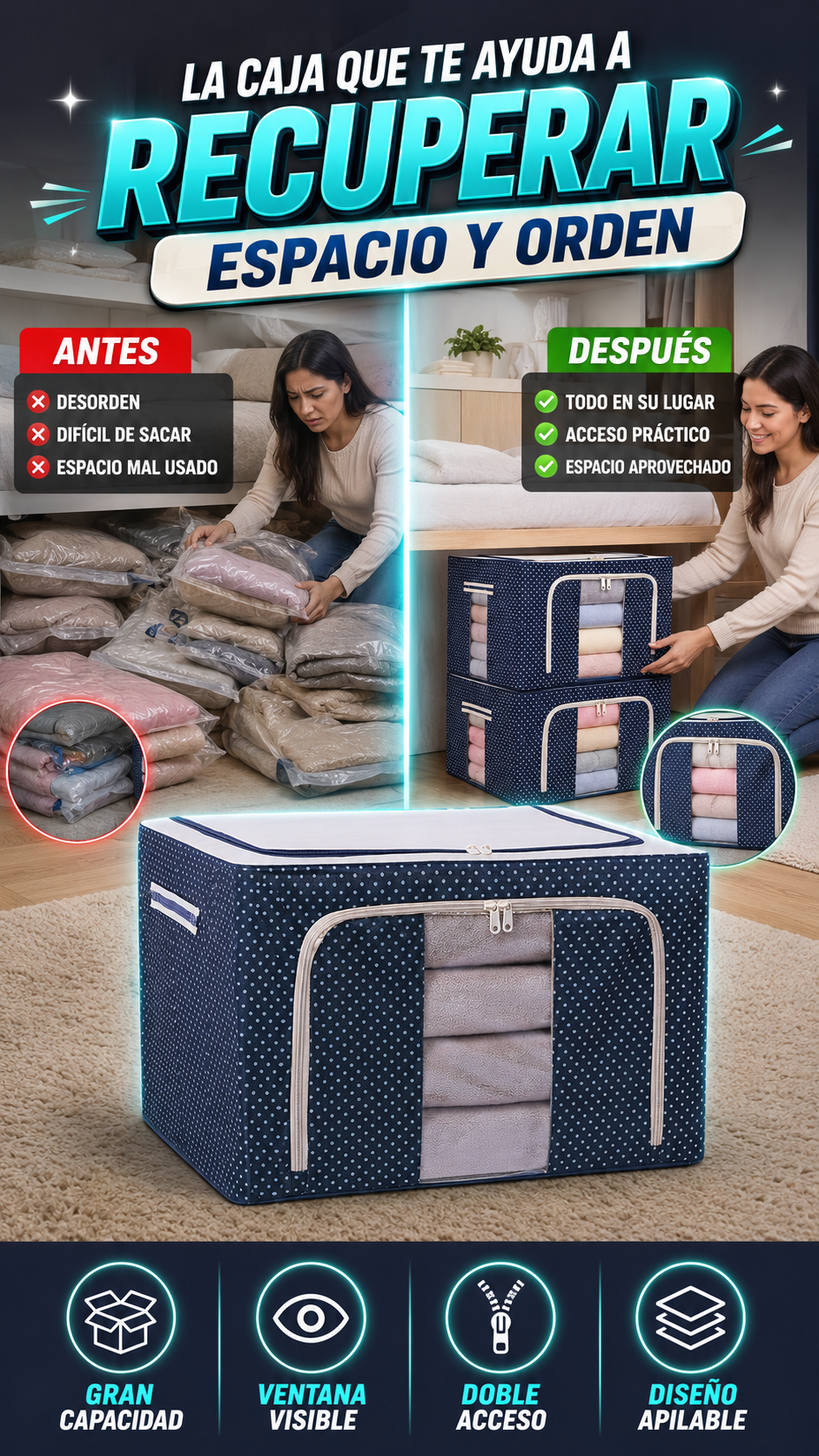 Caja Organizadora Plegable de 66 Litros con Estructura Metálica — Aprovecha mejor tu espacio