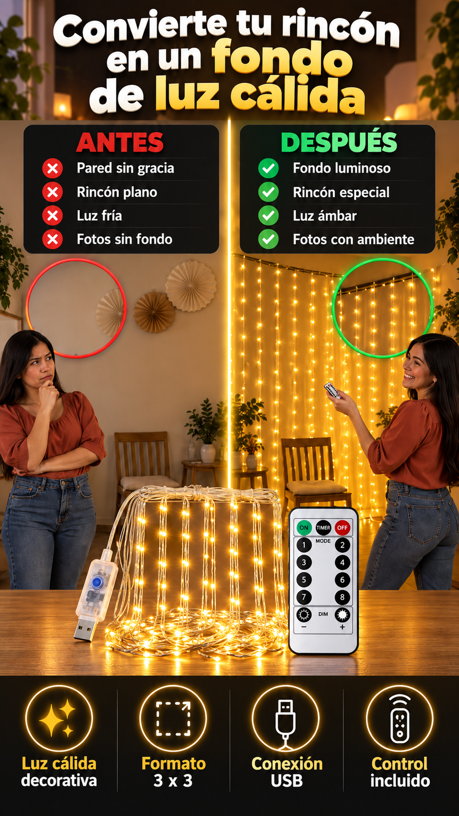 Cortina de luces LED para fondos de fotos y celebraciones con luz cálida
