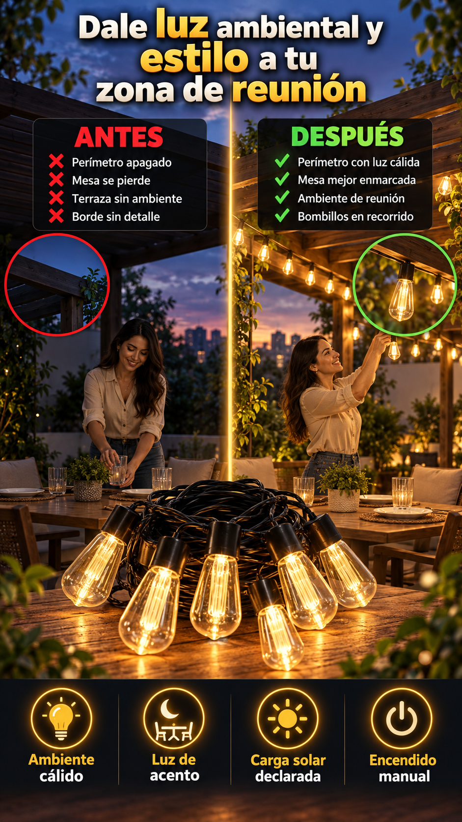Guirnalda LED decorativa para patios y jardines — Dale luz ambiental y estilo a tu zona de reunión
