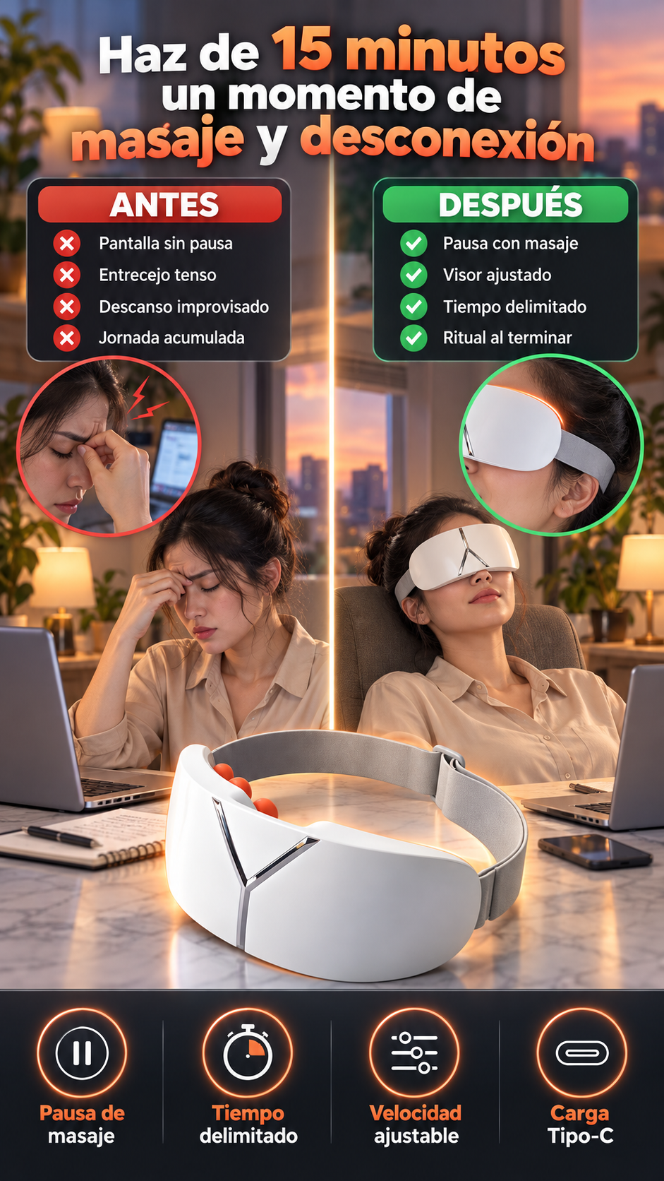 Masajeador de ojos inalámbrico — Convierte 15 minutos de pausa en un momento de masaje y desconexión