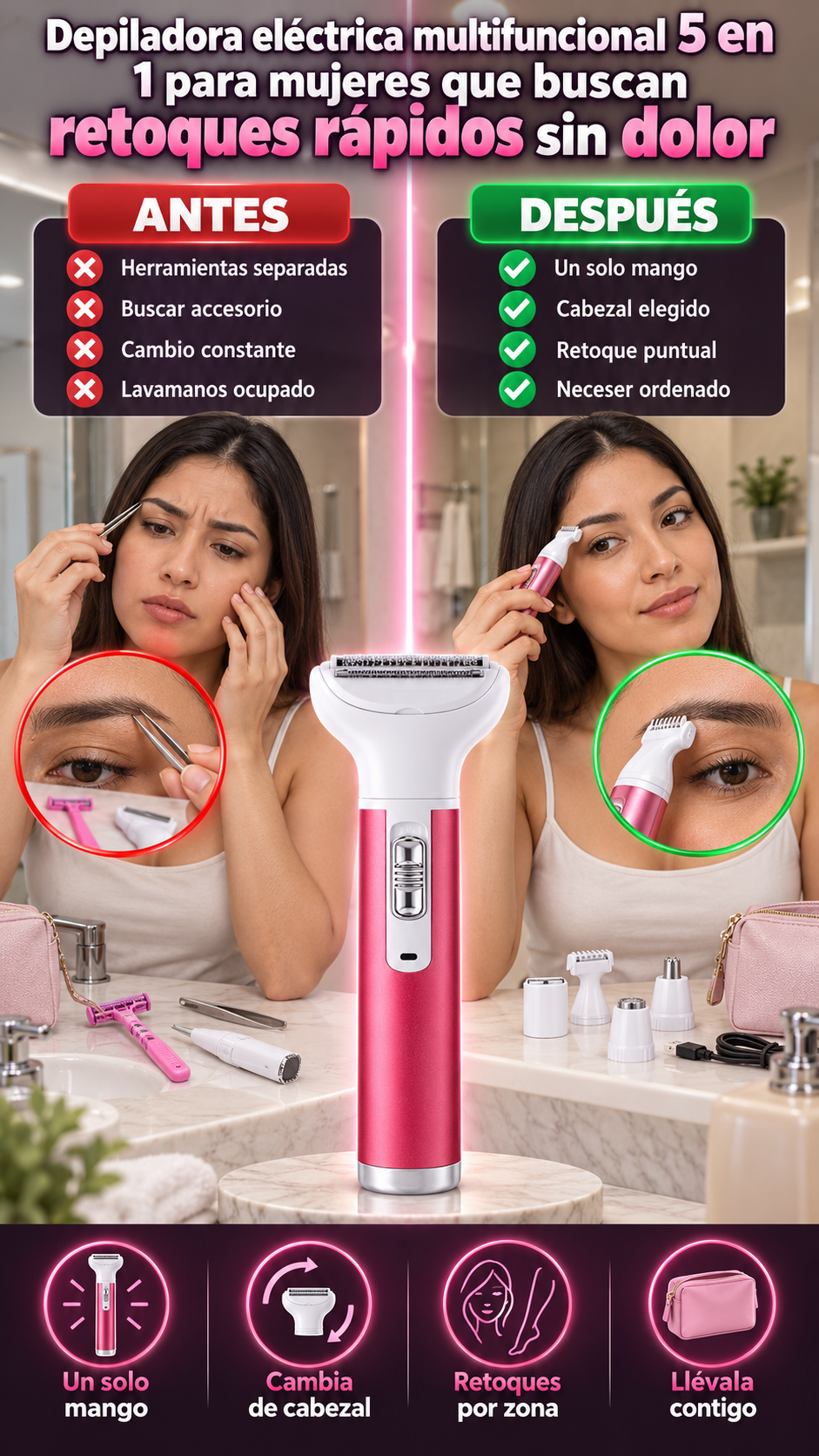 Depiladora eléctrica multifuncional 5 en 1 para mujeres que buscan retoques rápidos sin dolor