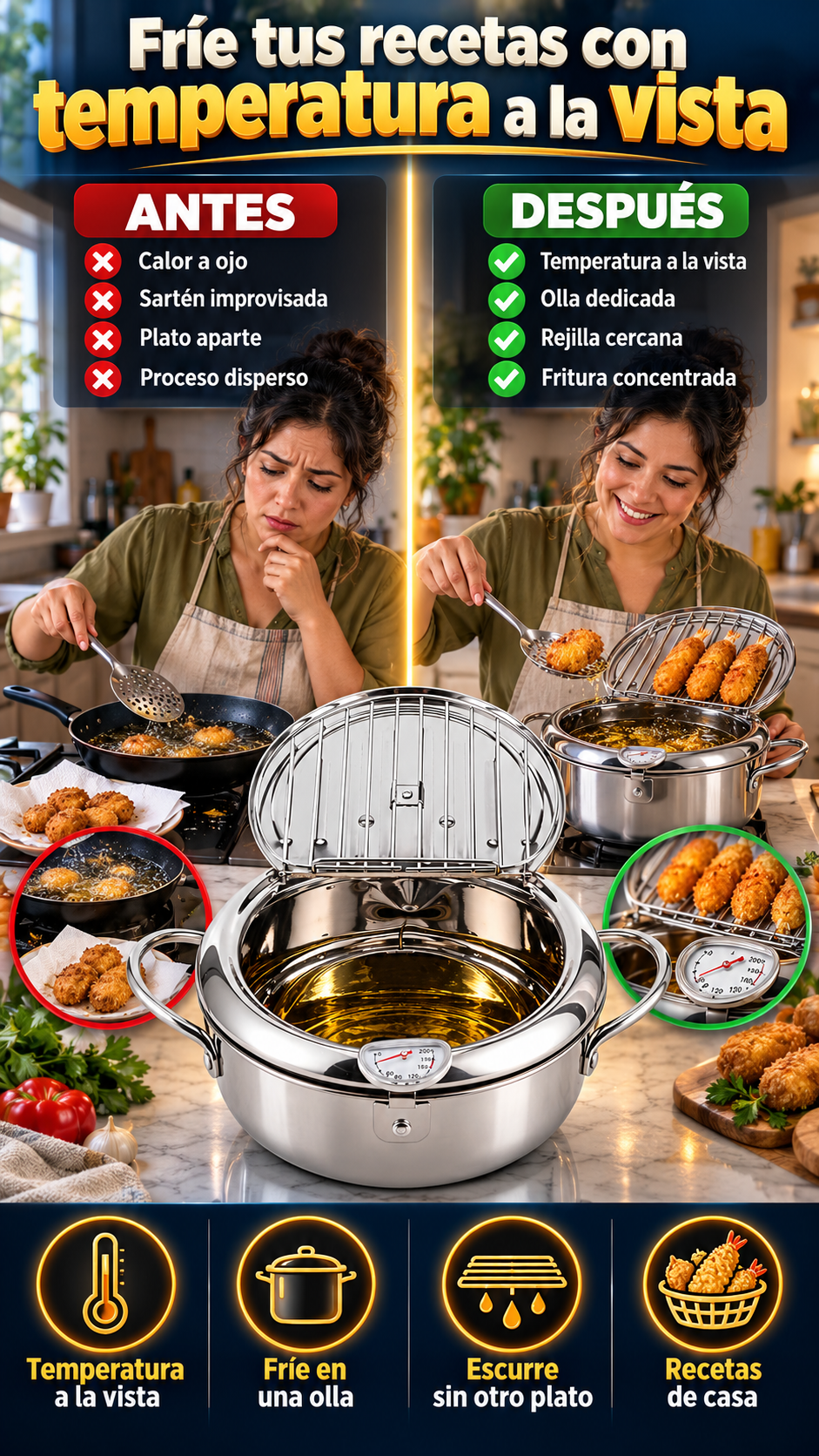 Freidora japonesa con termómetro para tempura, papas, pollo y croquetas