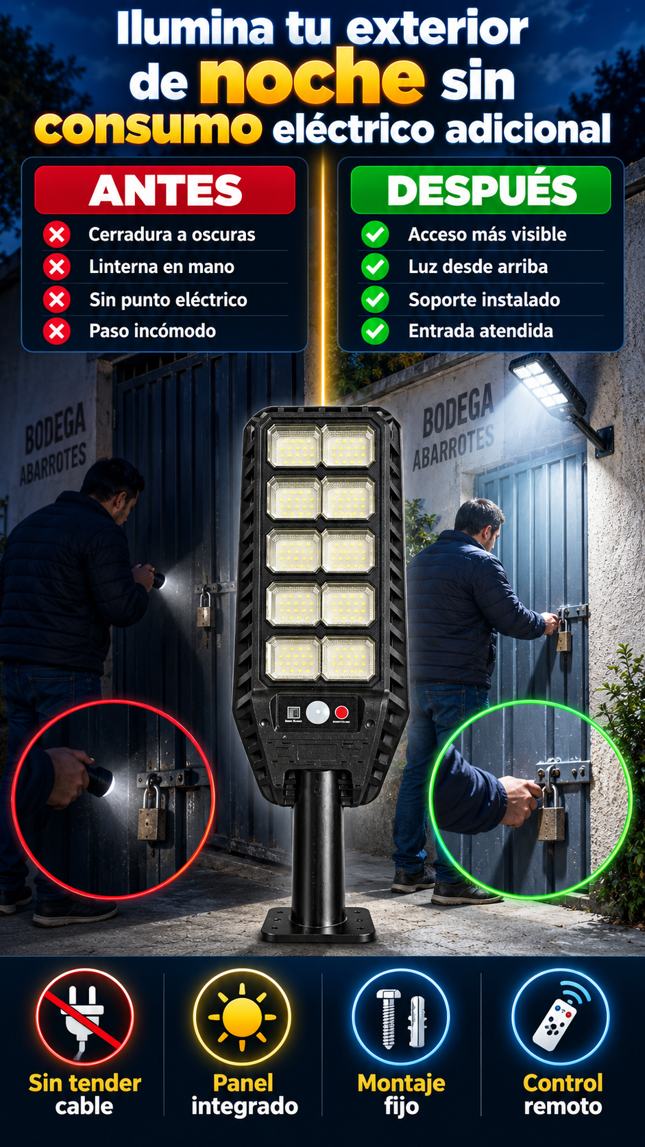 Lámpara solar LED para iluminar tu exterior de noche sin consumo eléctrico adicional