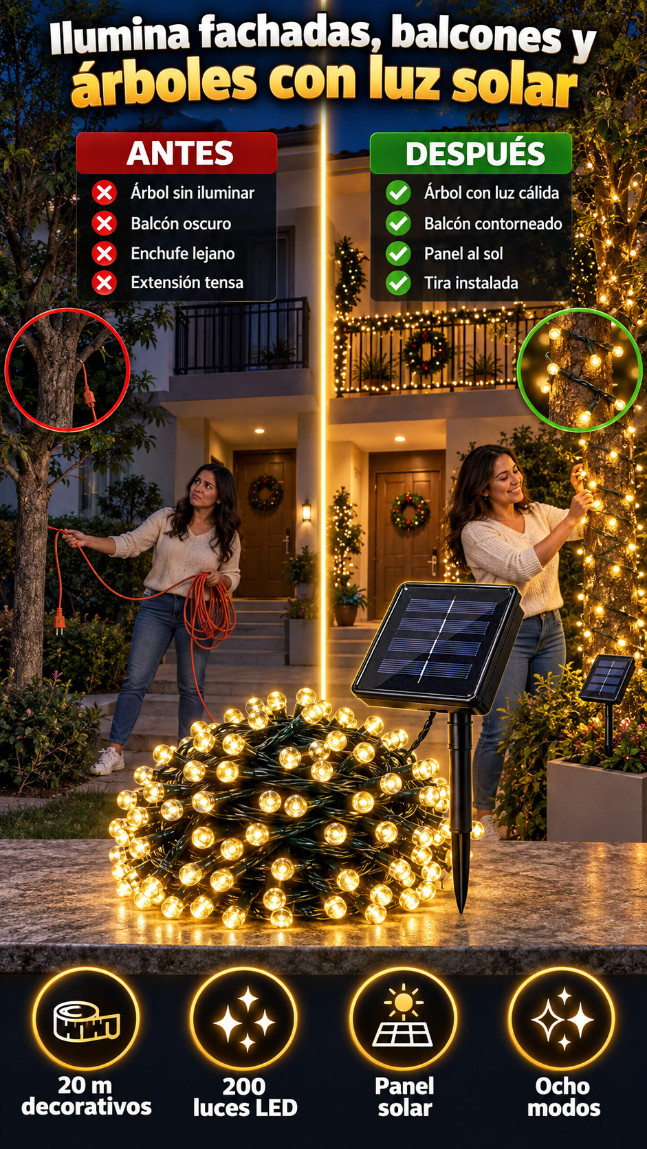 lumina fachadas, balcones y árboles con luces solares de tira de 200 LED