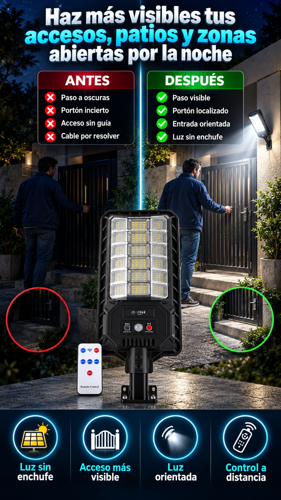 Reflector solar LED para propiedades y pequeños negocios — Haz más visibles tus accesos, patios y zonas abiertas por la noche