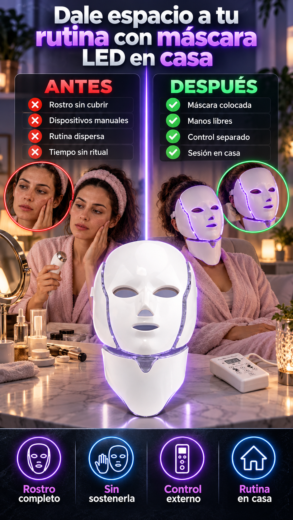 Fototerapia facial con máscara LED para tu rutina de autocuidado en casa