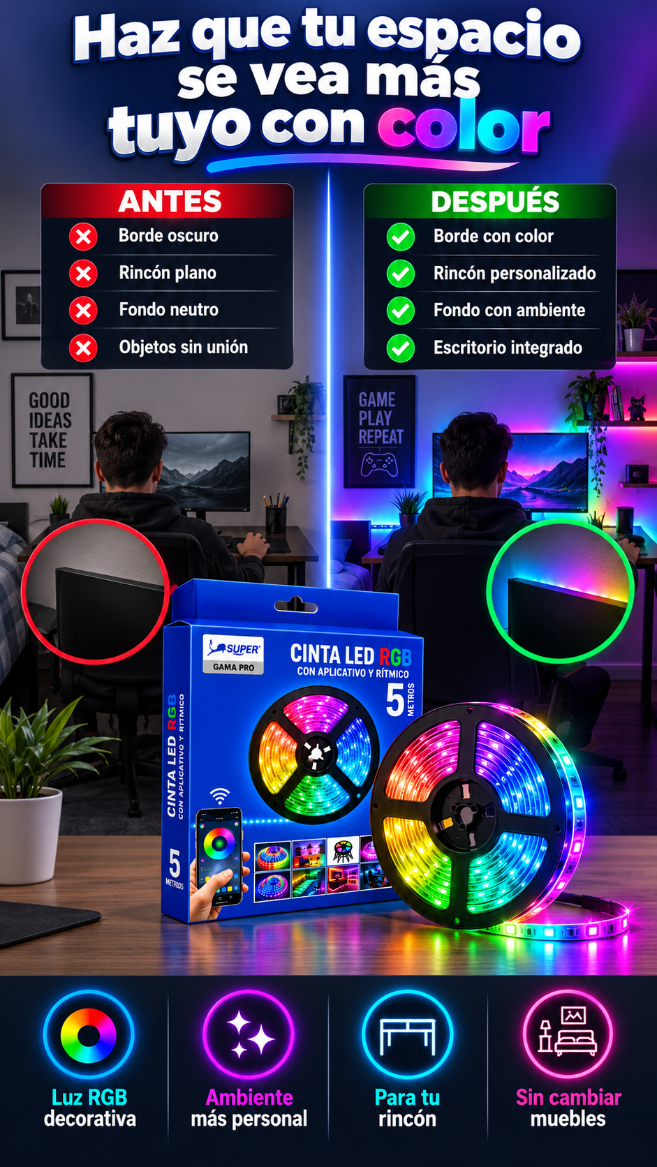 Cinta LED RGB decorativa para quienes personalizan dormitorios, escritorios y zonas gaming