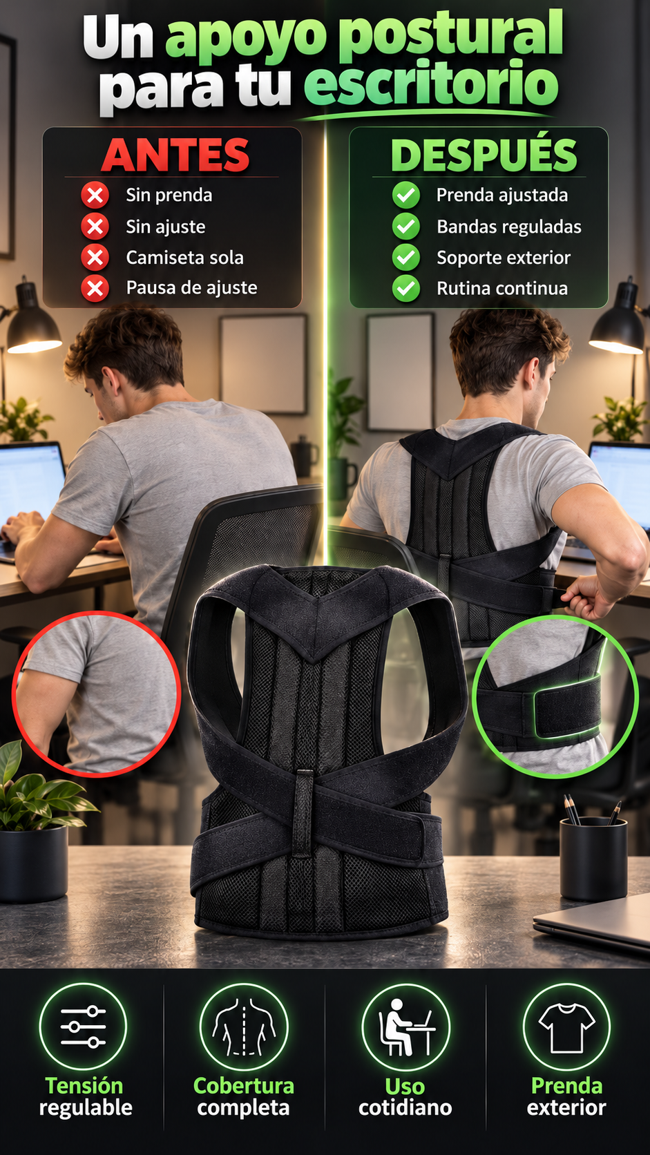Corrector de postura ajustable para tu rutina sedentaria — Úsalo como apoyo postural en tus momentos de trabajo o estudio