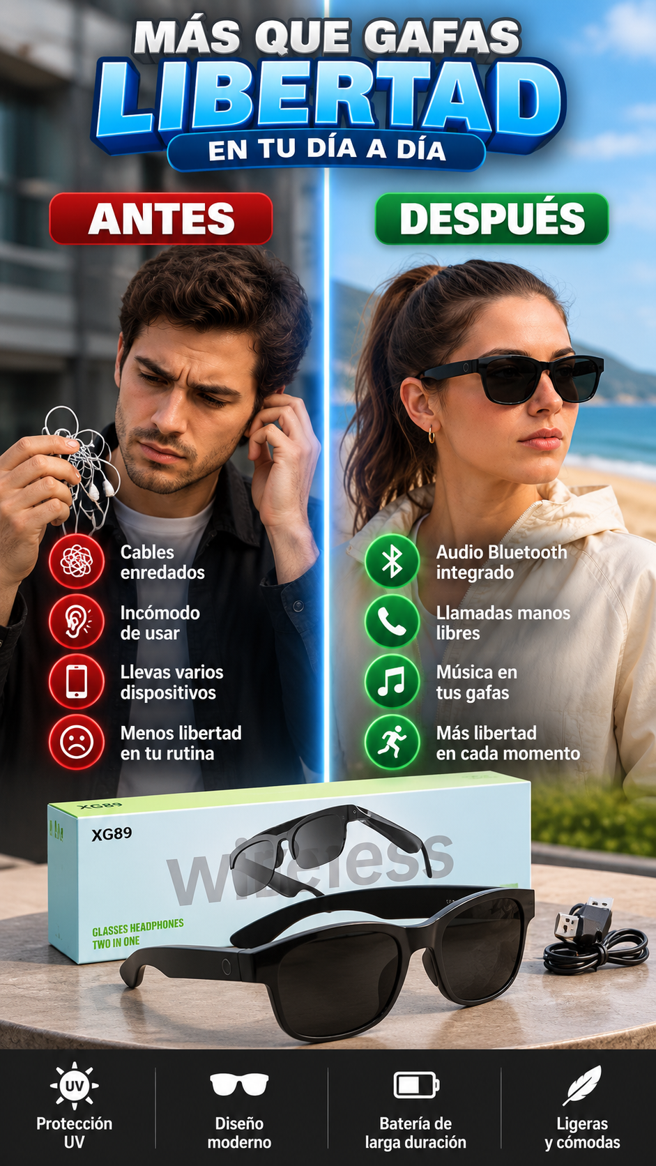 Escucha contenido desde tu smartphone al aire libre con gafas de audio, sin llevar auriculares por separado