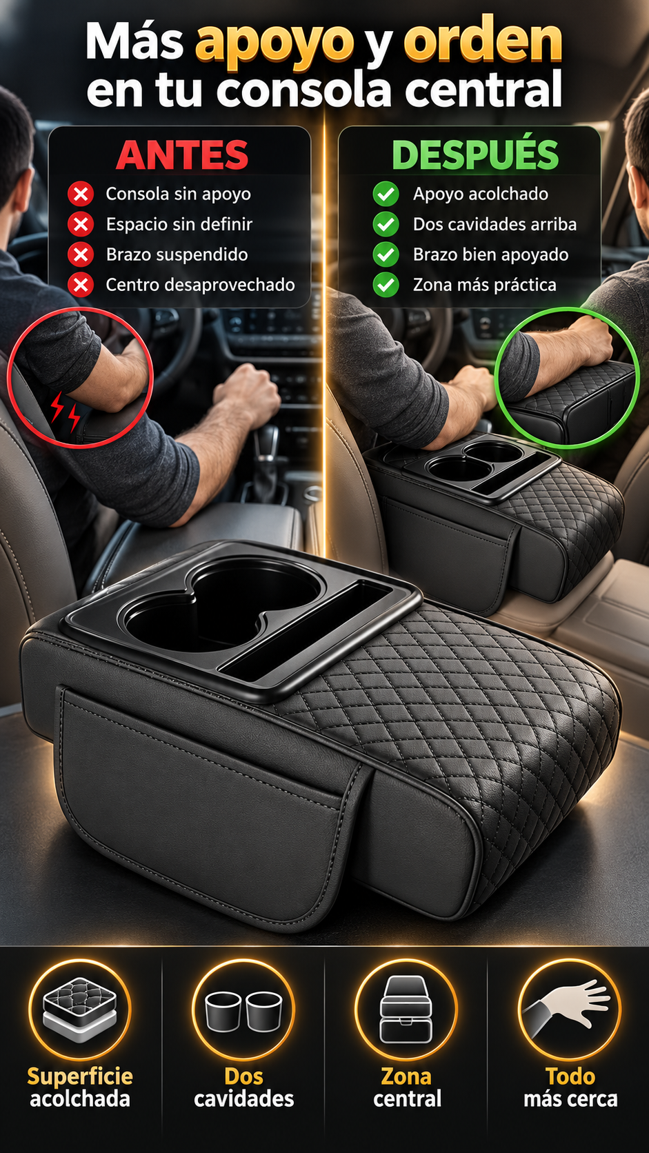 Cojín Extensor de Reposabrazos para Consola Central con Portavasos y Organizador Integrado