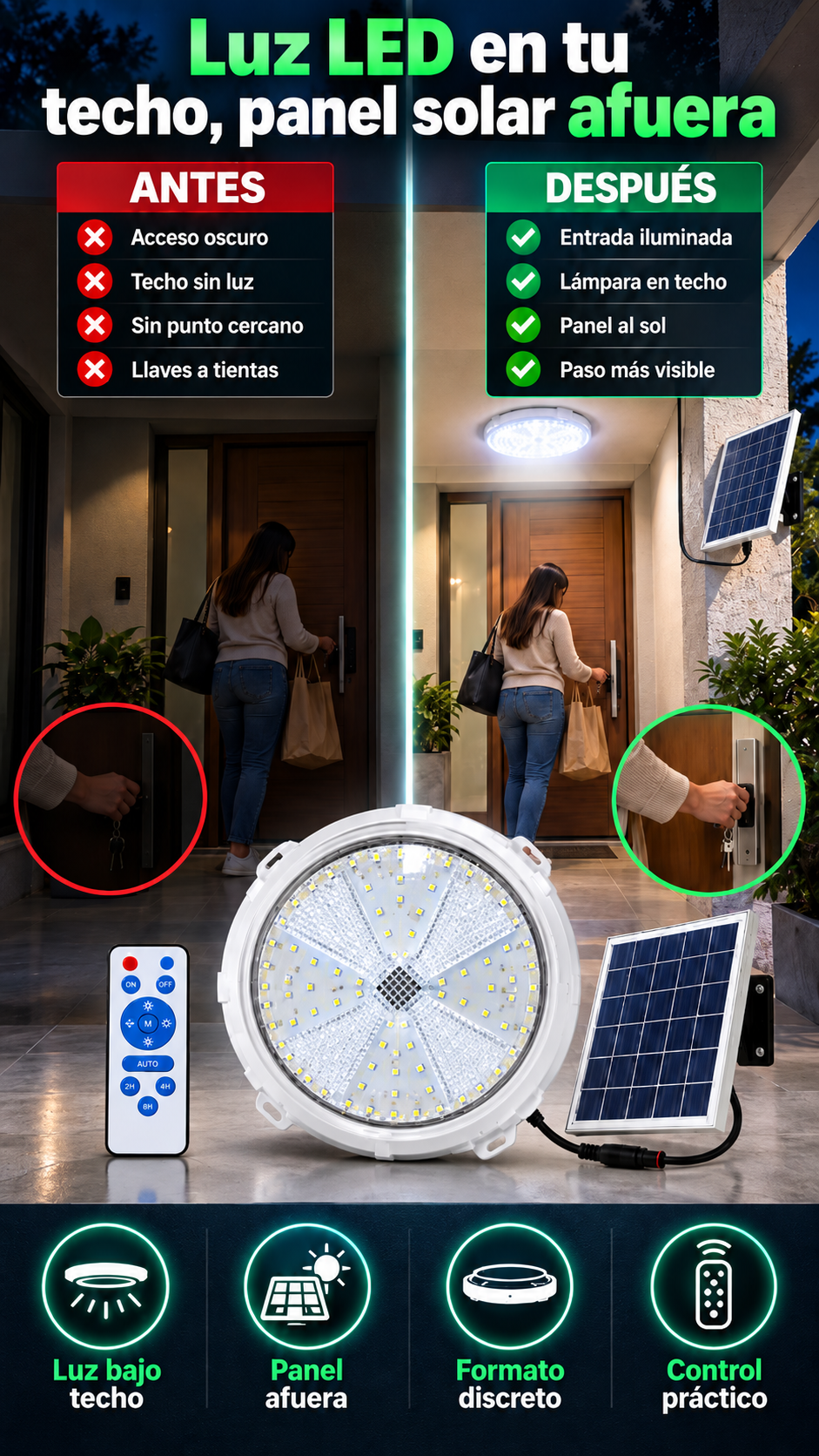 Lámpara solar de techo — Lleva luz LED a tu entrada o cochera con el panel instalado afuera