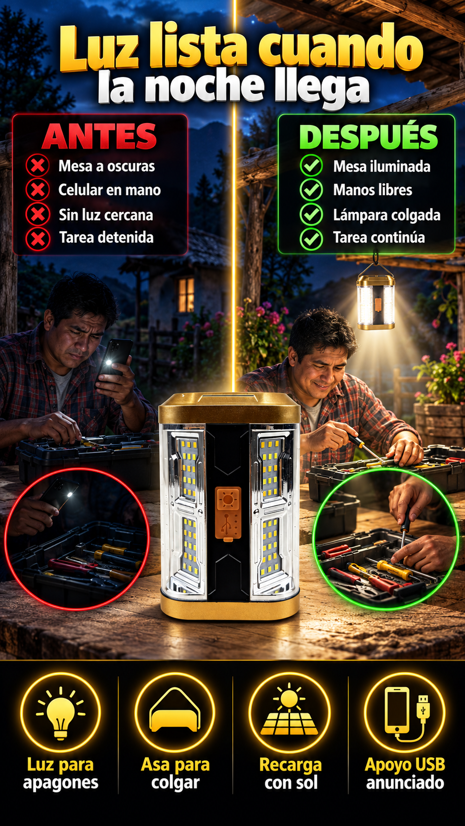 Lámpara solar recargable para camping, chacra y tareas nocturnas