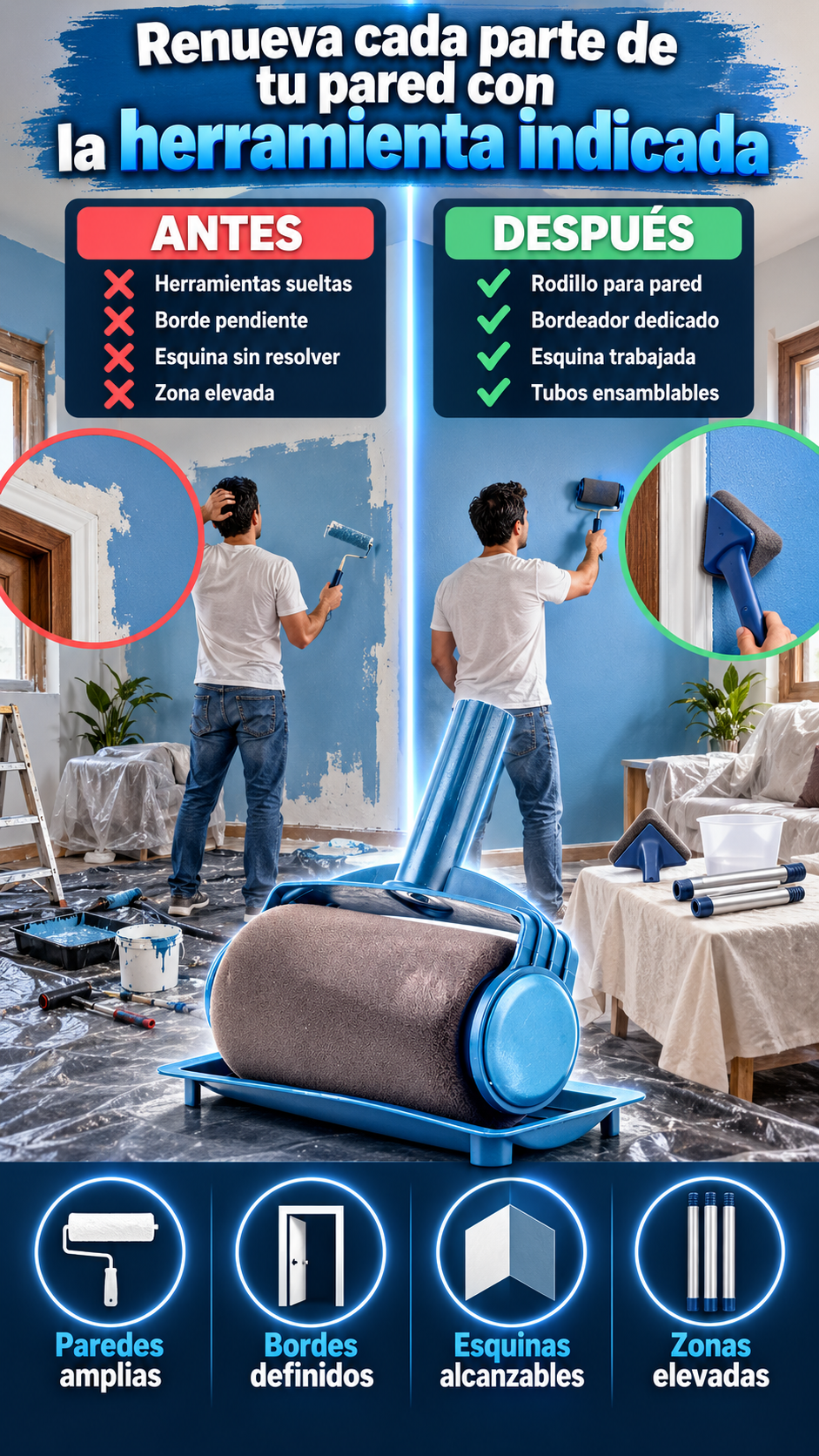 Kit de rodillos para pintar — Renueva paredes, bordes y esquinas con herramientas para cada zona