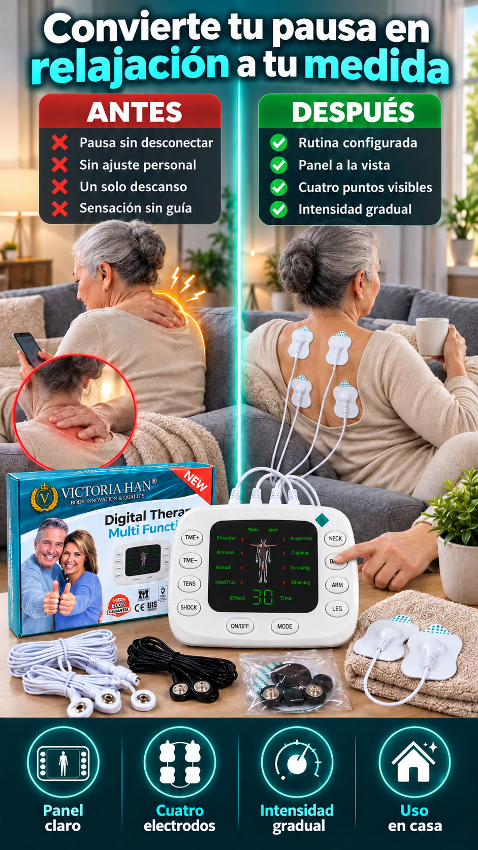Electroestimulador digital con 4 electrodos — Personaliza tu momento de masaje y relajación muscular en casa