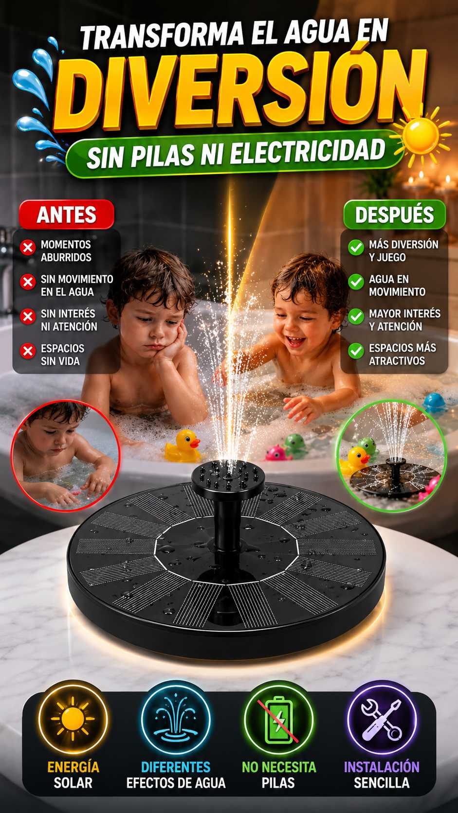 Fuente Solar para Agua — Crea chorros decorativos sin electricidad
