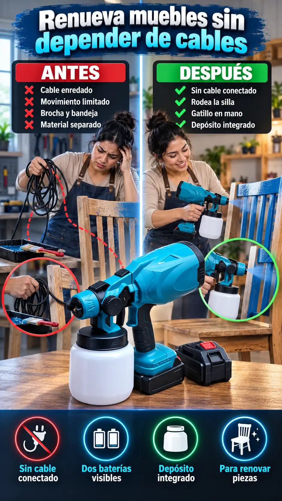 Renueva muebles y superficies sin depender de cables con esta pistola pulverizadora inalámbrica y dos baterías