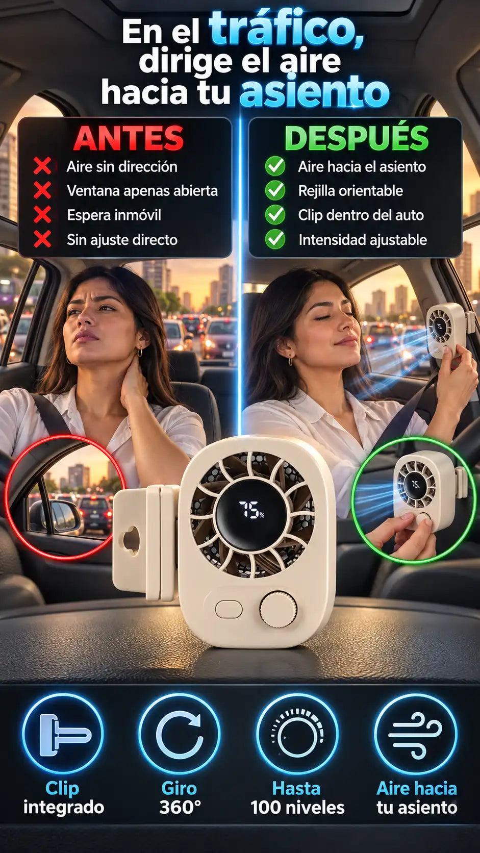 Ventilador portátil para auto con clip y flujo orientable de 360° — Un apoyo para las horas de tráfico