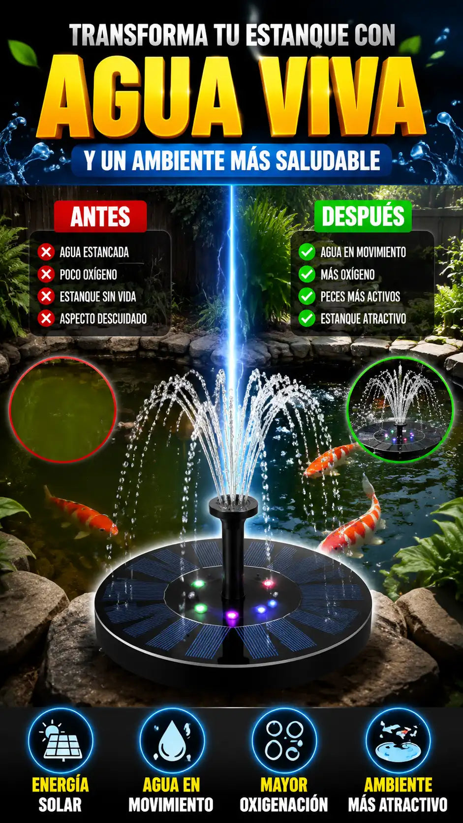 Fuente Solar para Estanque de Peces — Mantiene el agua en movimiento y oxigenada