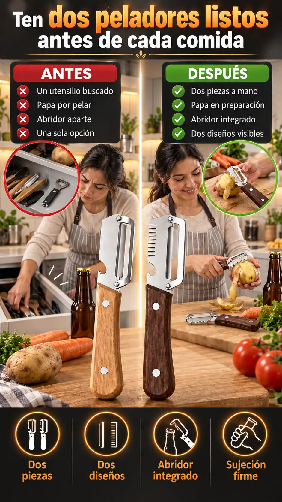 Para quienes preparan almuerzo o cena: set de 2 peladores con abridor integrado para pelar verduras cotidianas