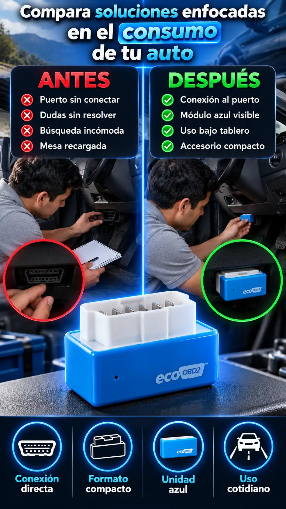 Chip Eco OBD2 azul, dispositivo compacto de conexión directa — Para quienes comparan soluciones enfocadas en el consumo del auto