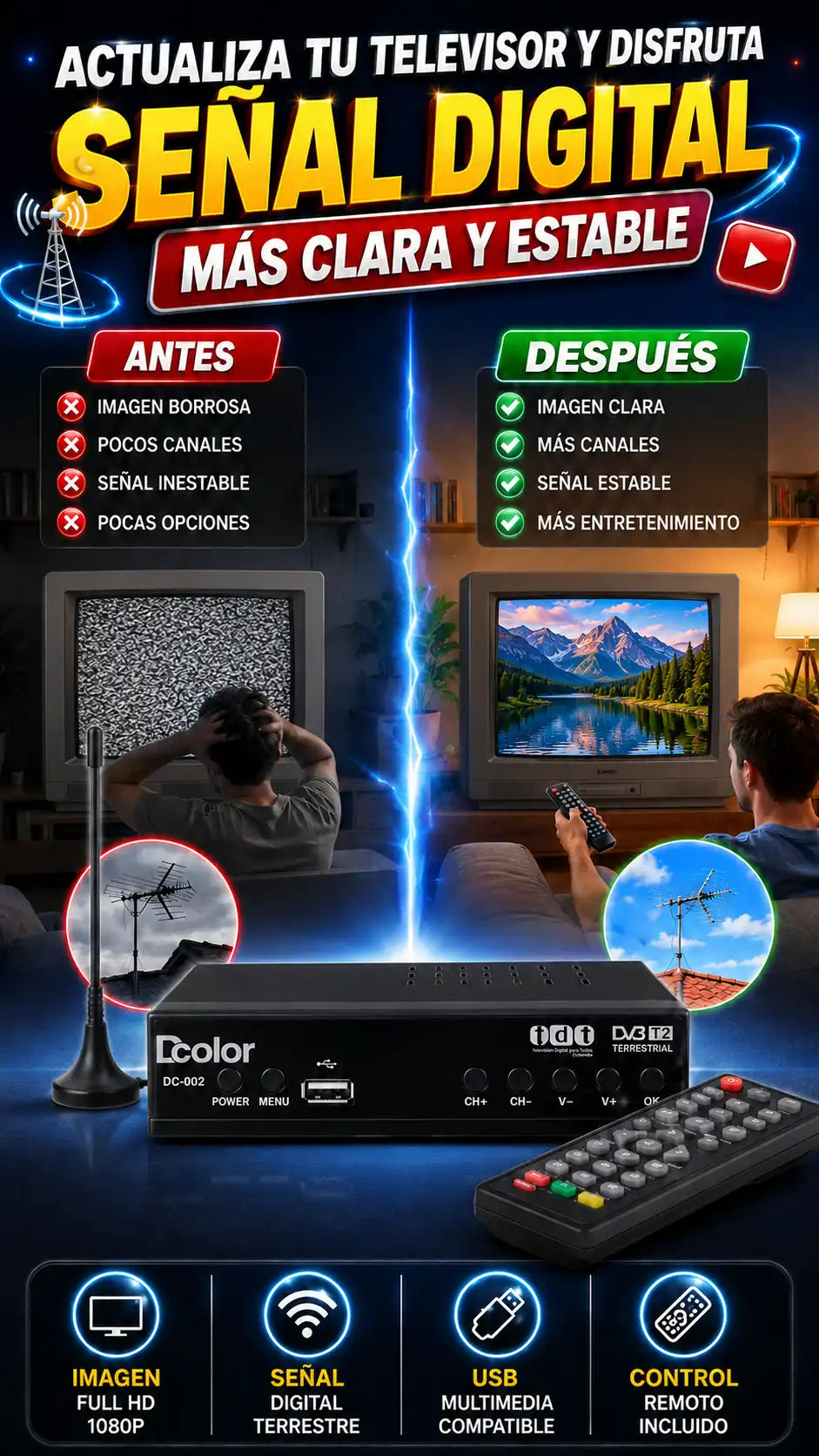 Decodificador DVB-T2 Full HD con funciones Smart (Dcolor DC-002)