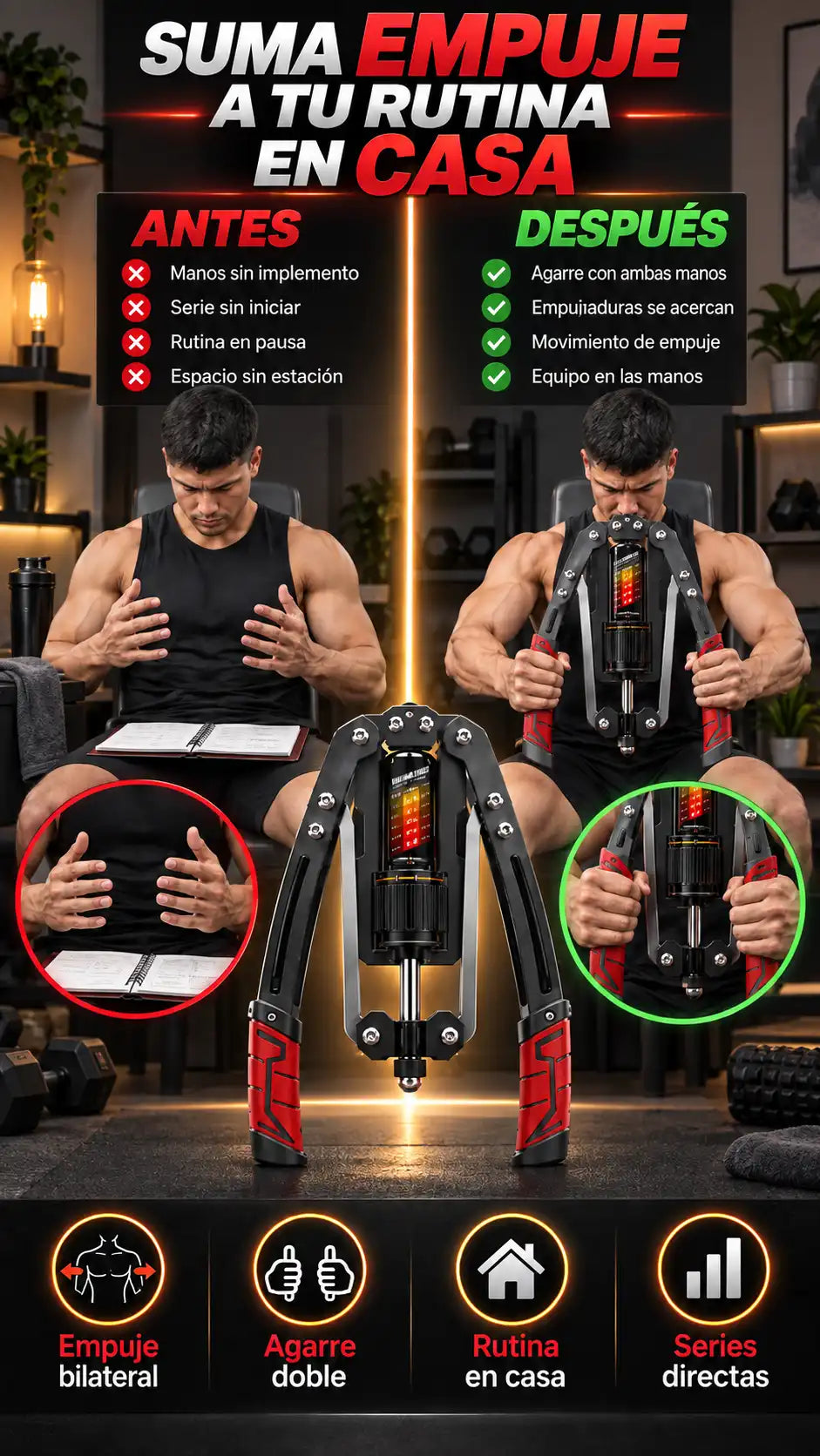 Ejercitador manual articulado de agarre bilateral — Suma series de empuje a tu rutina sin montar una estación fija