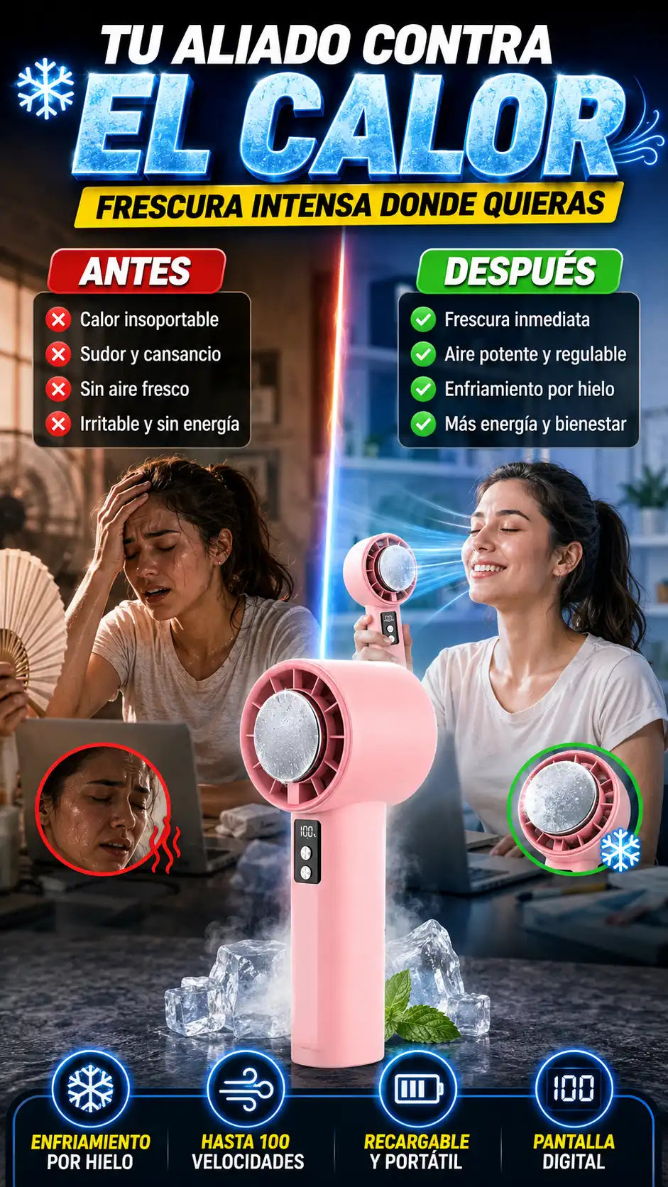 Ventilador Portátil Recargable con Enfriamiento — Frescura intensa donde la necesites
