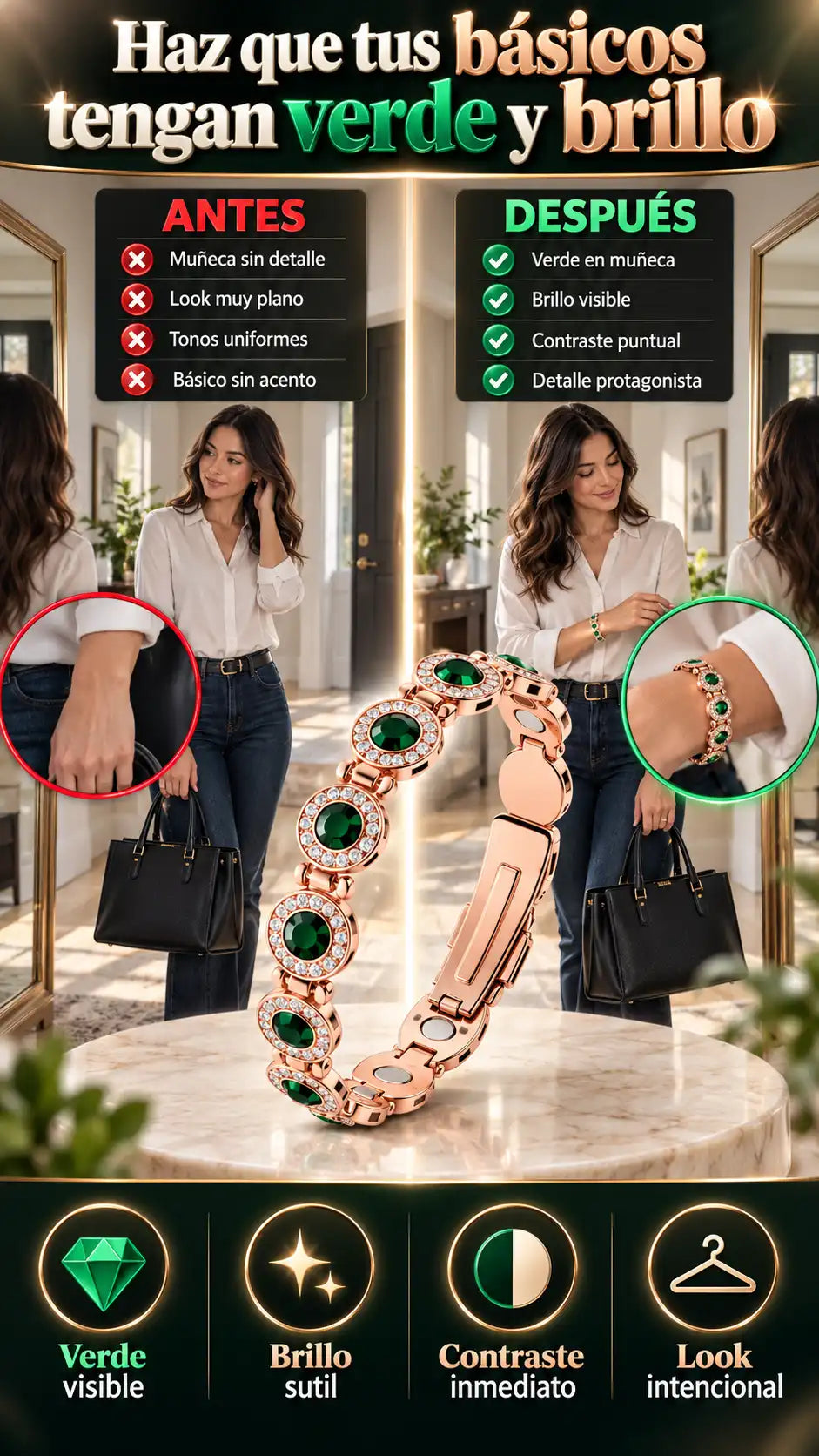 Pulsera femenina de cobre para elevar tus looks neutros — Un toque de verde y brillo para que tus básicos no se vean básicos.