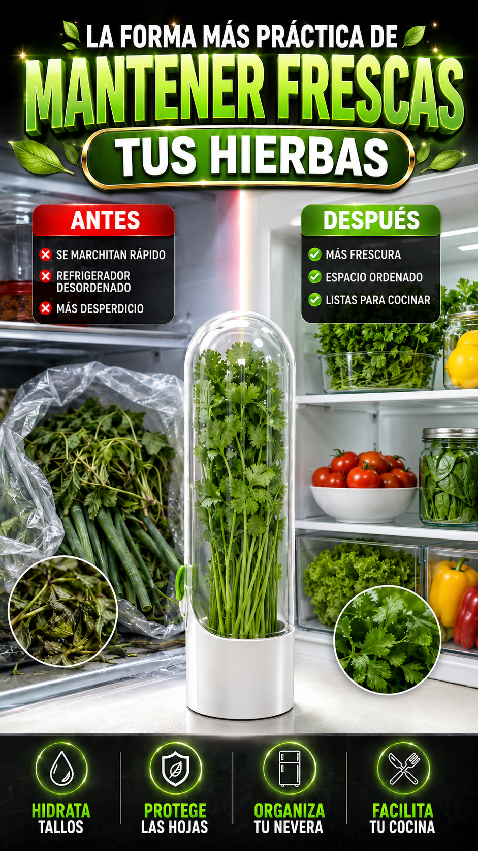 Conservador de Hierbas para Refrigerador — Mantiene hierbas frescas por más tiempo
